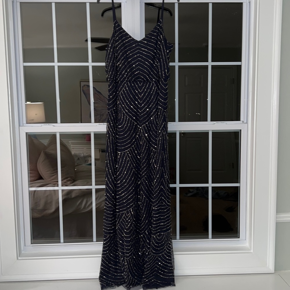 Adrianna Papell Art Deco Beaded Blouson Gown in Navy